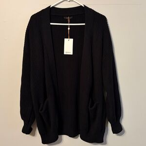 Quince Black Ribbed Open-Front Cardigan with pockets. 💯 organic cotton. Med